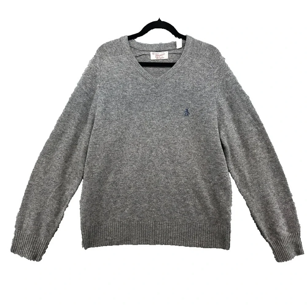 Penguin Wool Sweater Jumper Mens XL Gray V Neck Minimalist Classic Preppy